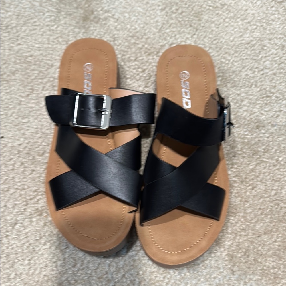 Black and Tan Buckle Sandals